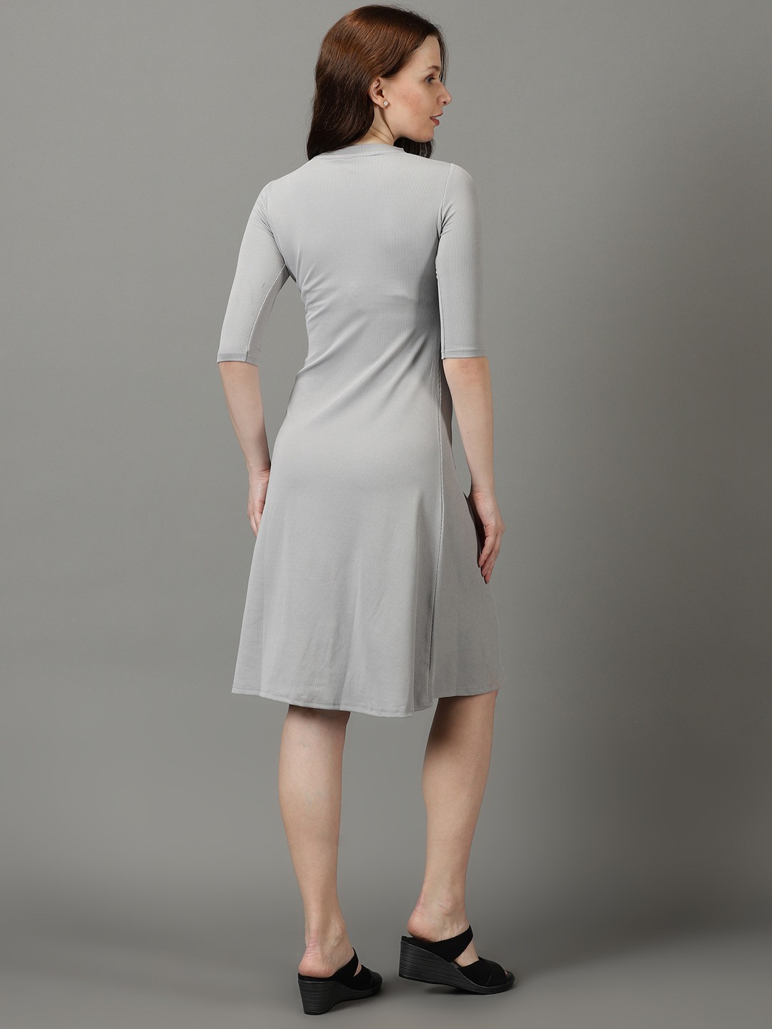 SHOWOFF Women's High Neck Solid Knee Length Grey Dress