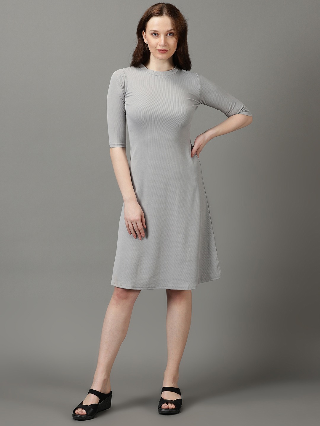 SHOWOFF Women's High Neck Solid Knee Length Grey Dress