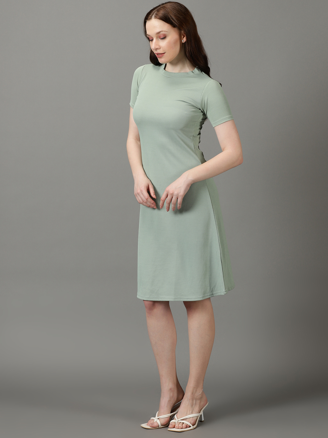 SHOWOFF Women's High Neck Solid Knee Length Sea Green Dress