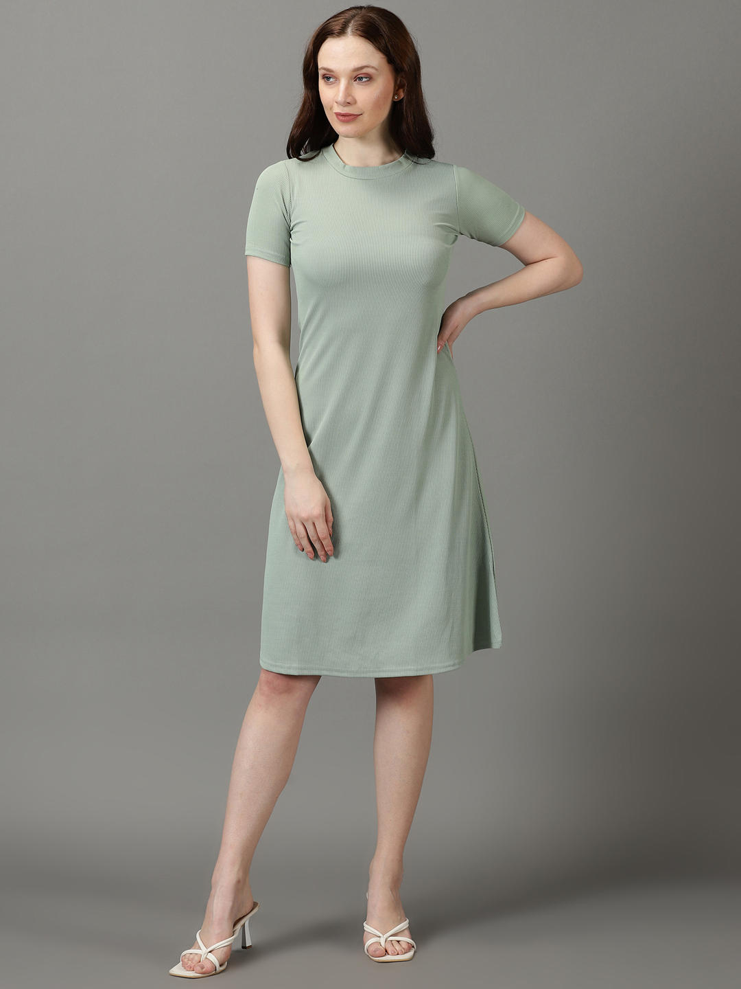 SHOWOFF Women's High Neck Solid Knee Length Sea Green Dress