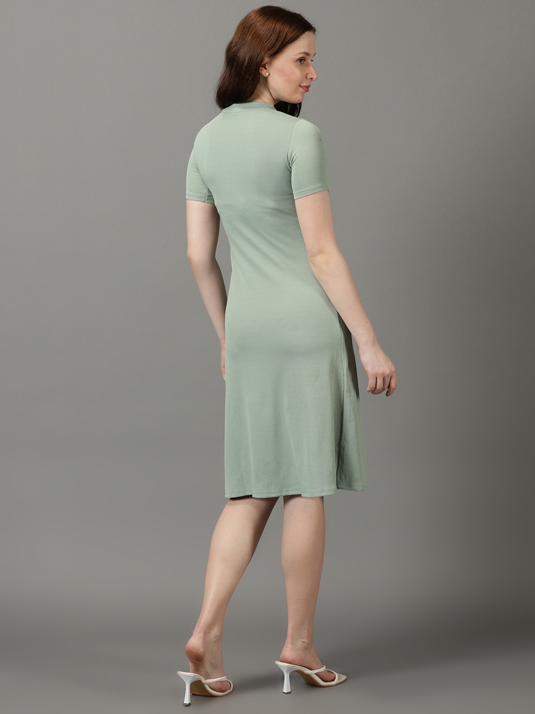 SHOWOFF Women's High Neck Solid Knee Length Sea Green Dress