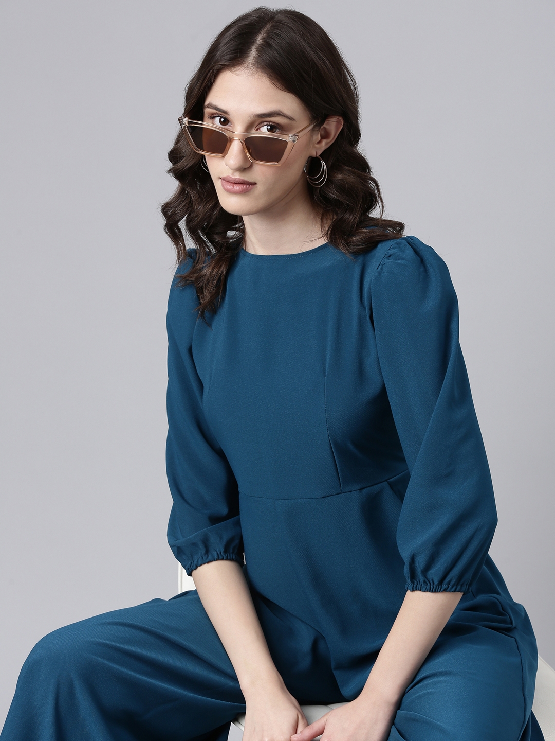 SHOWOFF Women's Round Neck Three-Quarter Sleeves Teal Solid Basic Jumpsuit