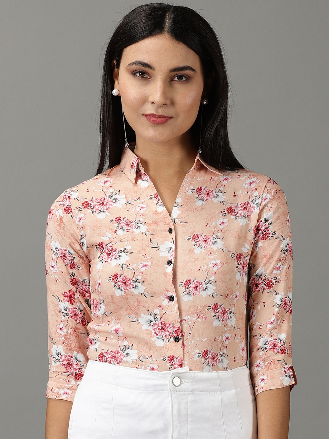 Showoff | SHOWOFF Women's Spread Collar Printed Three-Quarter Sleeves Peach Shirt 1