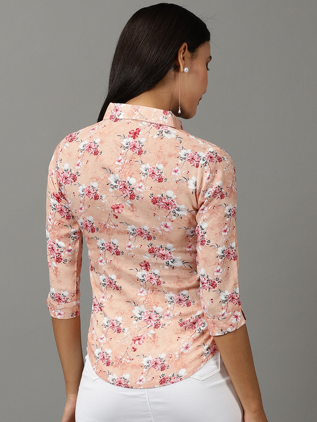 Showoff | SHOWOFF Women's Spread Collar Printed Three-Quarter Sleeves Peach Shirt 3