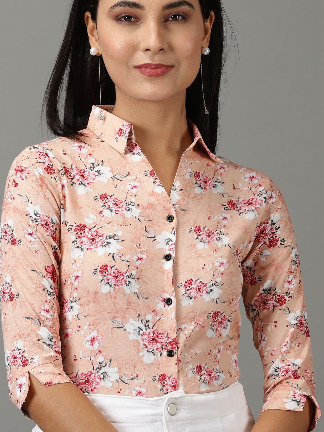 Showoff | SHOWOFF Women's Spread Collar Printed Three-Quarter Sleeves Peach Shirt 5