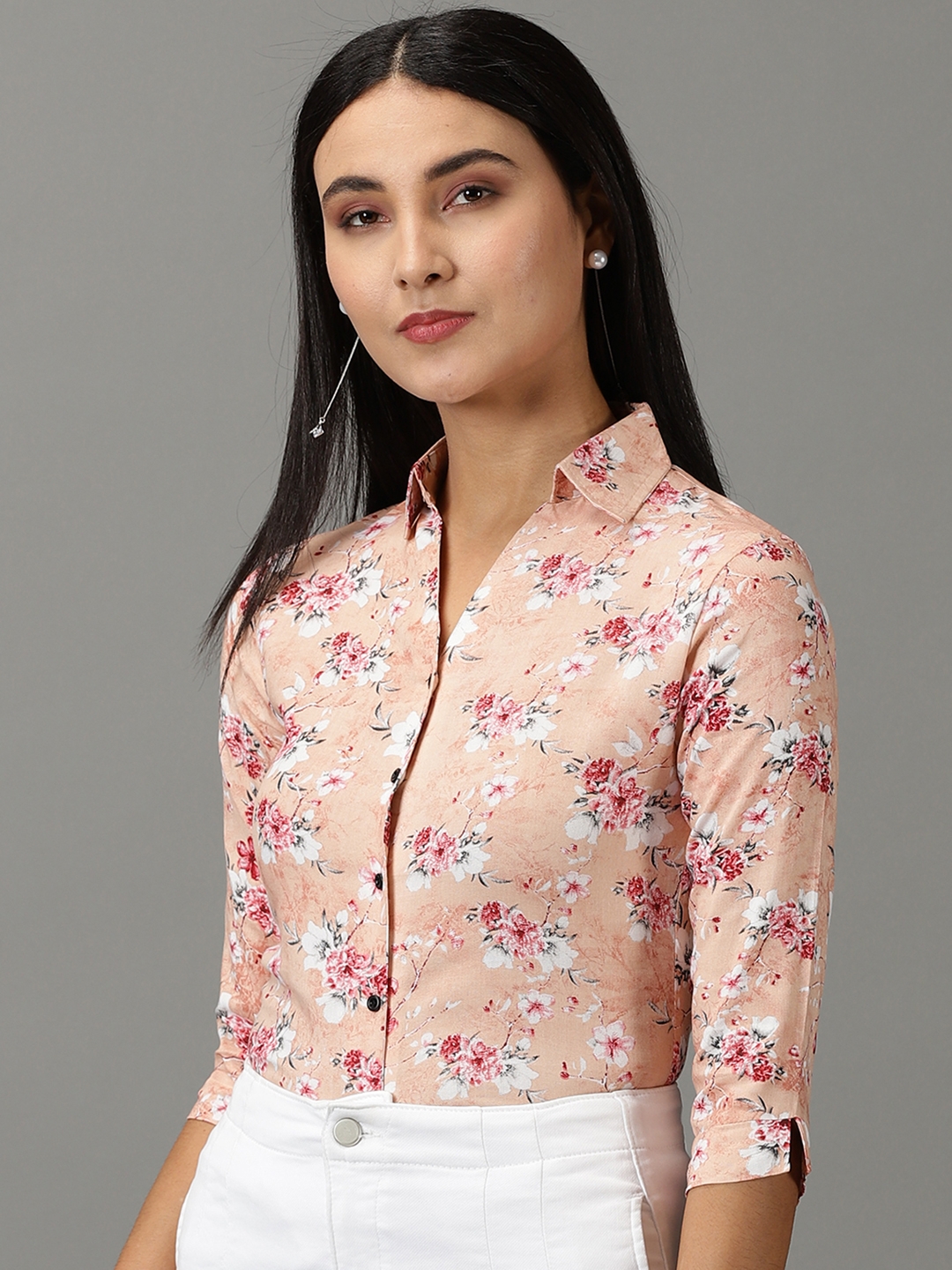 Showoff | SHOWOFF Women's Spread Collar Printed Three-Quarter Sleeves Peach Shirt 2