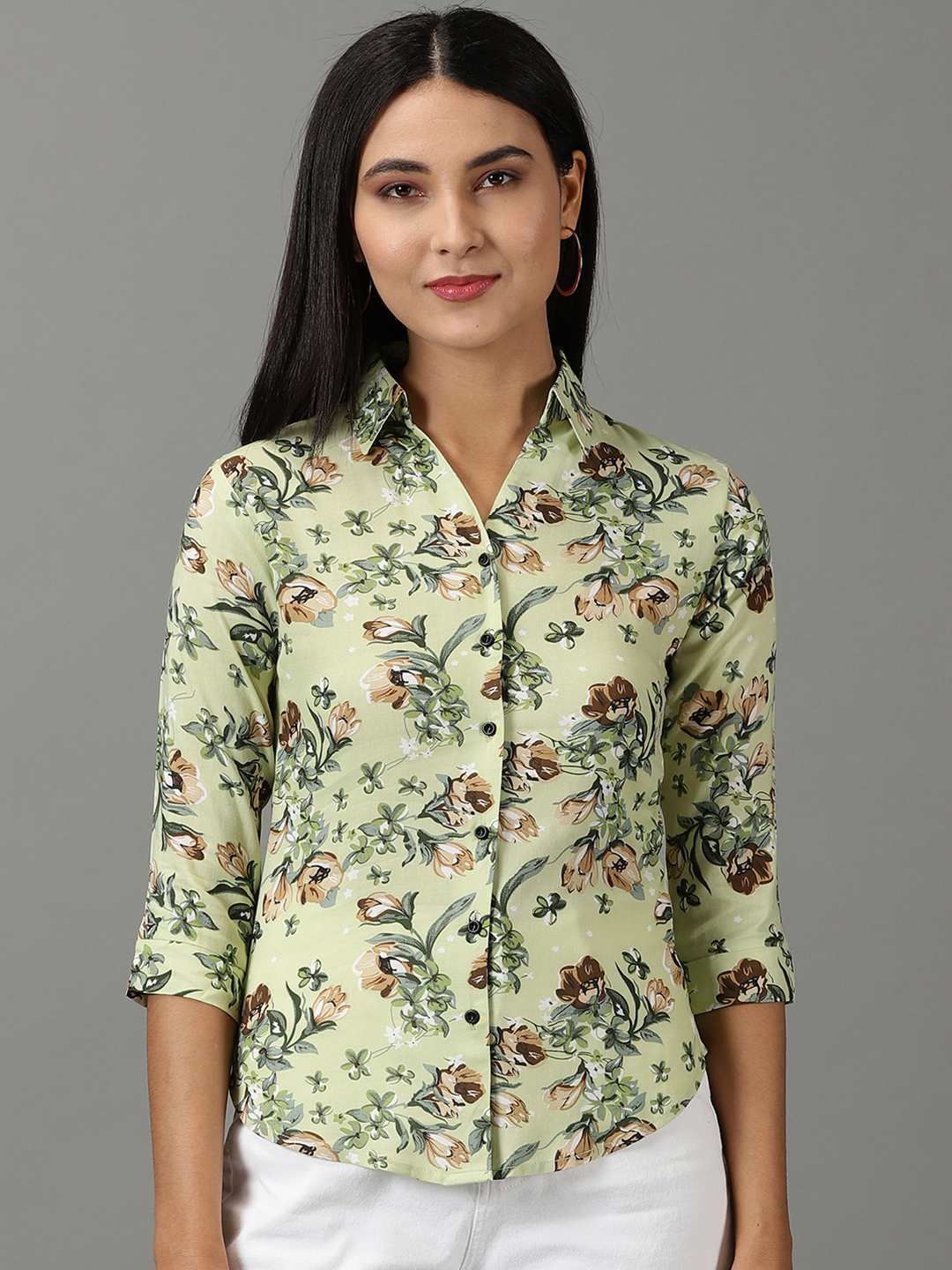 SHOWOFF Women's Spread Collar Printed Three-Quarter Sleeves Green Shirt