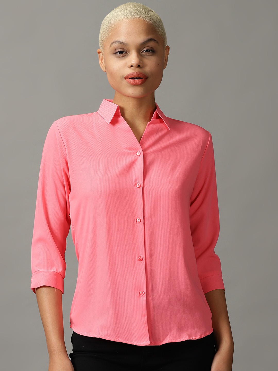 SHOWOFF Women Pink Solid Spread Collar Three-Quarter Sleeves Casual Shirt