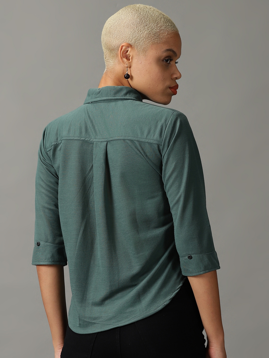 Showoff | SHOWOFF Women Green Solid Peter Pan Collar Three-Quarter Sleeves Casual Shirt 3