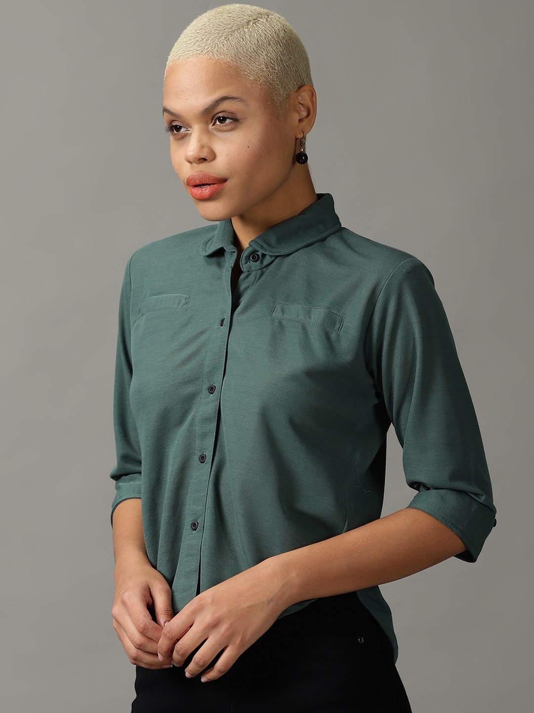 Showoff | SHOWOFF Women Green Solid Peter Pan Collar Three-Quarter Sleeves Casual Shirt 2