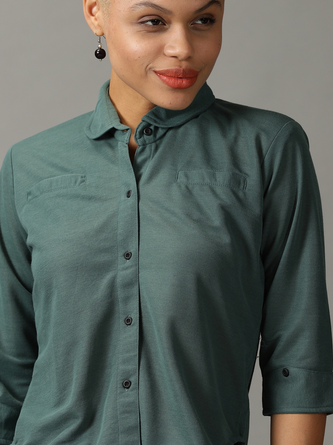 Showoff | SHOWOFF Women Green Solid Peter Pan Collar Three-Quarter Sleeves Casual Shirt 5