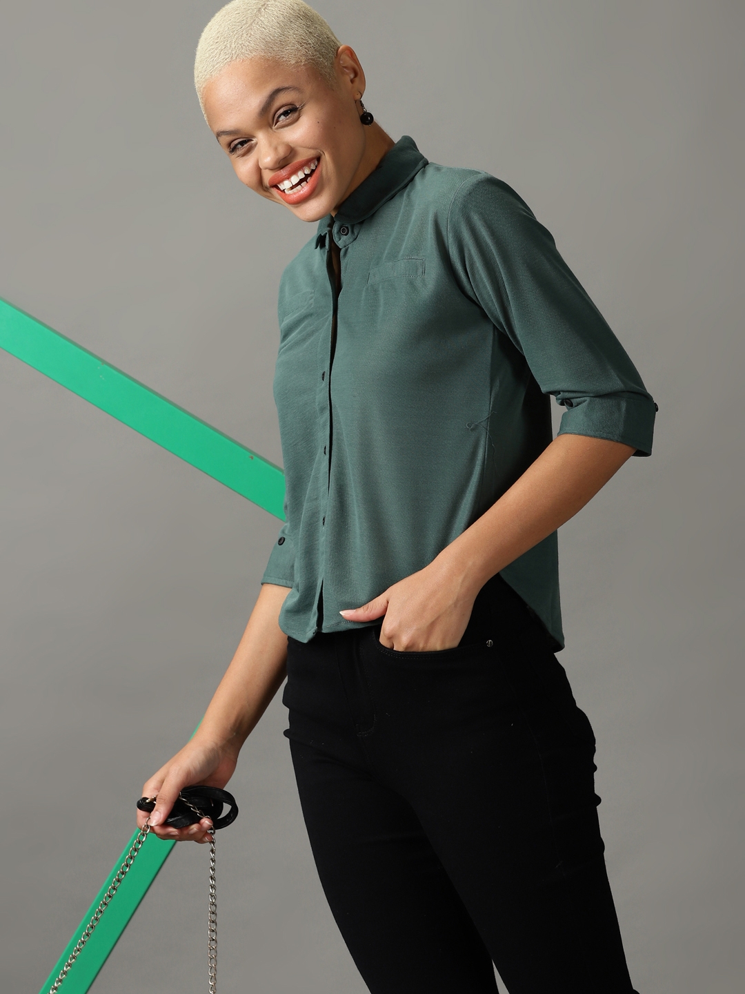 Showoff | SHOWOFF Women Green Solid Peter Pan Collar Three-Quarter Sleeves Casual Shirt 0