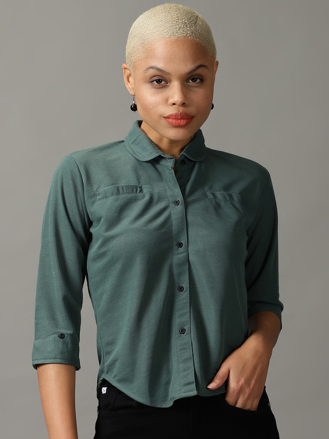 Showoff | SHOWOFF Women Green Solid Peter Pan Collar Three-Quarter Sleeves Casual Shirt 1