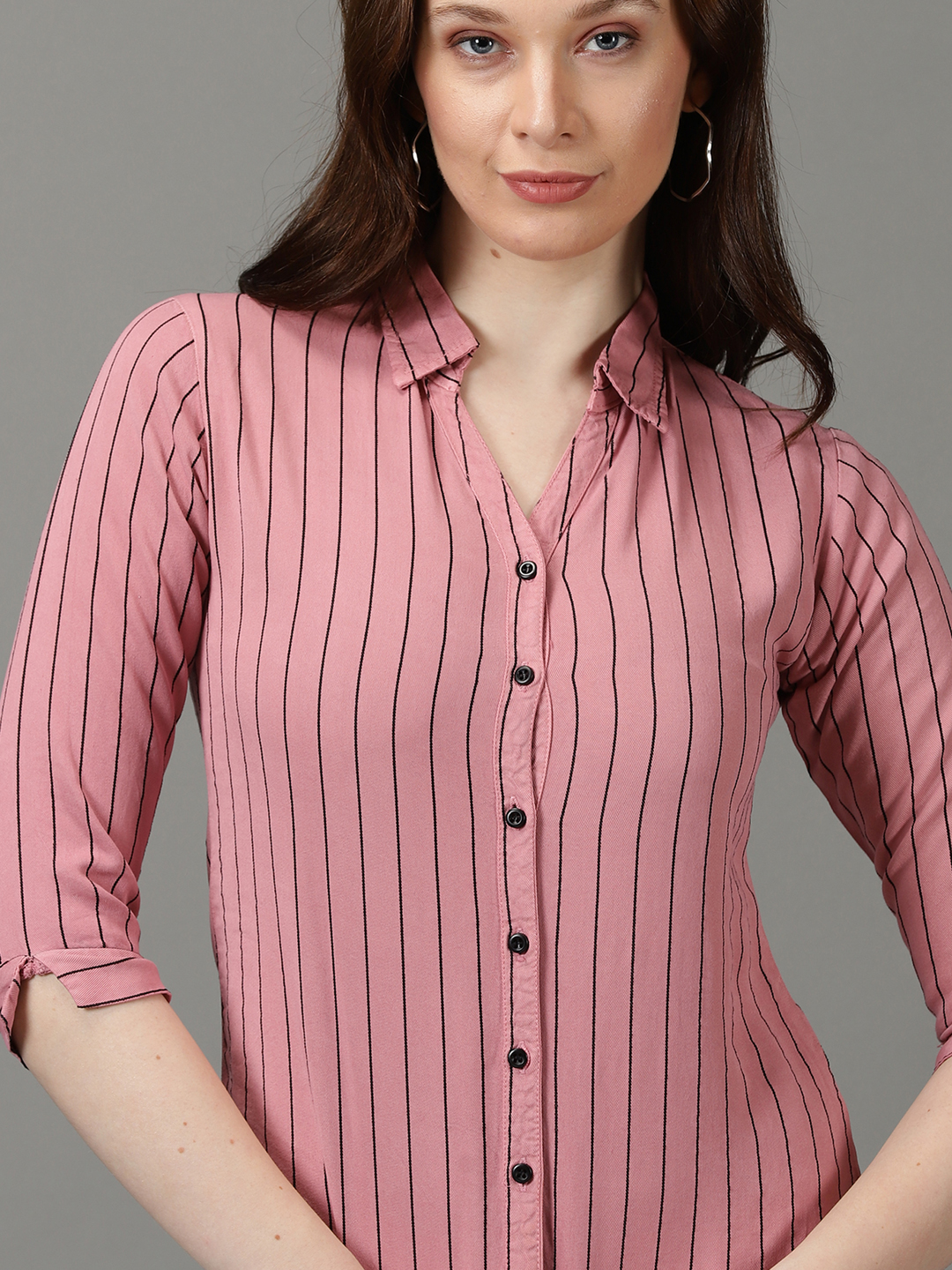 SHOWOFF Women's Spread Collar Striped Three-Quarter Sleeves Pink Shirt