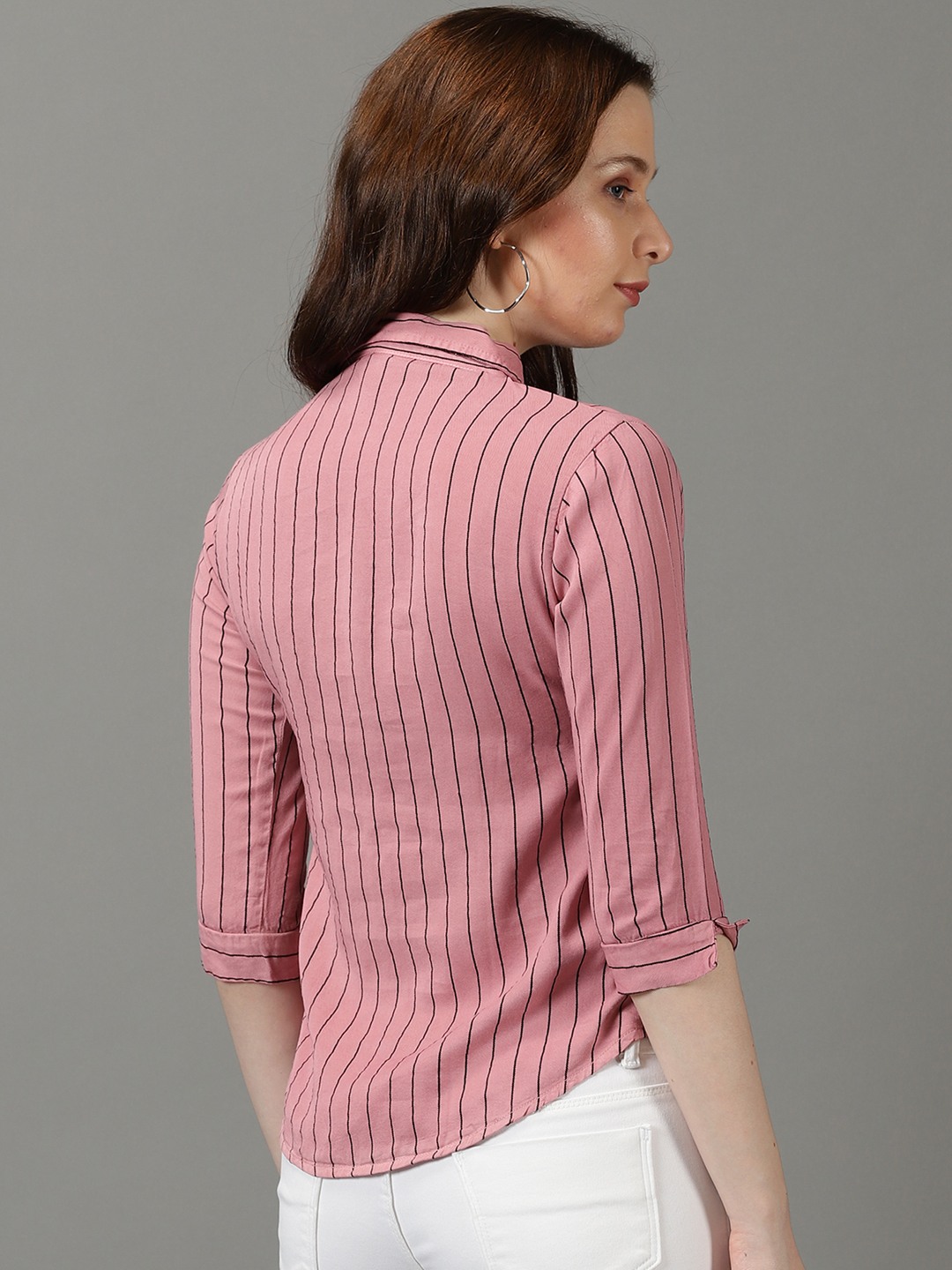 SHOWOFF Women's Spread Collar Striped Three-Quarter Sleeves Pink Shirt