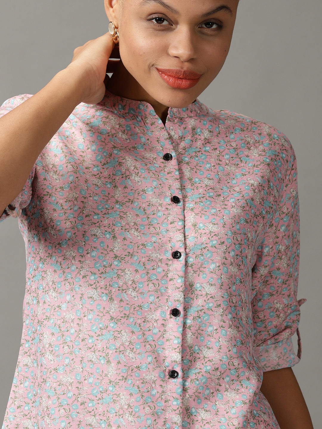 Showoff | SHOWOFF Women Pink Printed Mandarin Collar Three-Quarter Sleeves Long Casual Shirt 5