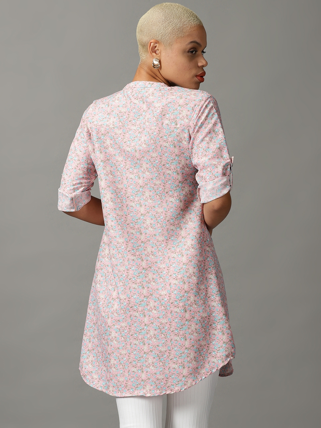 Showoff | SHOWOFF Women Pink Printed Mandarin Collar Three-Quarter Sleeves Long Casual Shirt 3