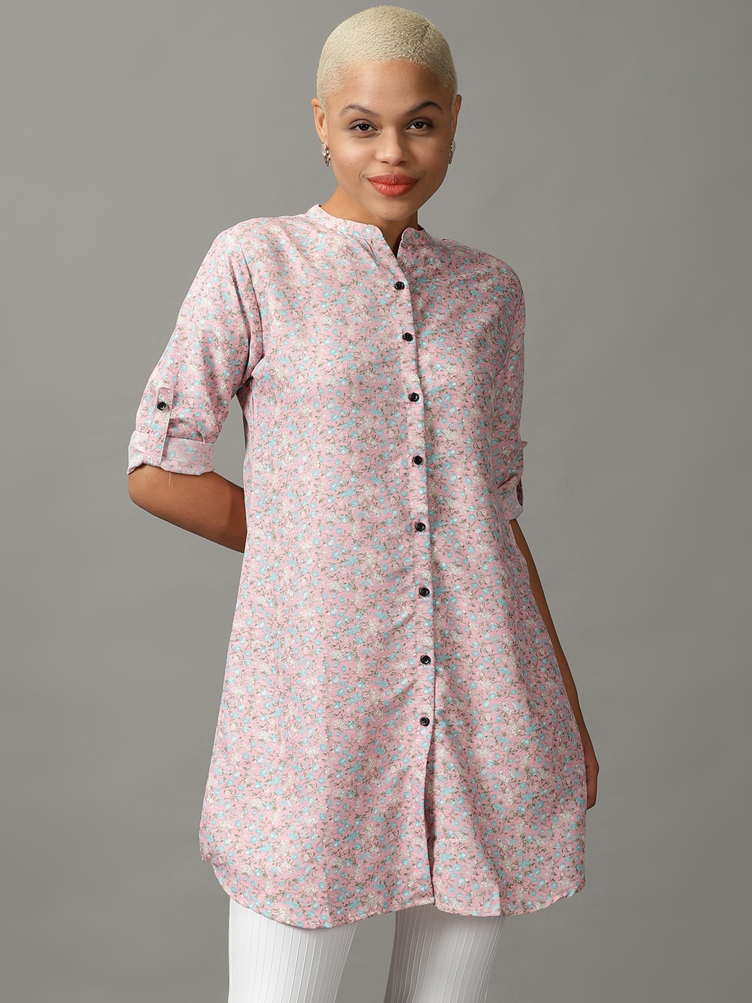 Showoff | SHOWOFF Women Pink Printed Mandarin Collar Three-Quarter Sleeves Long Casual Shirt 1