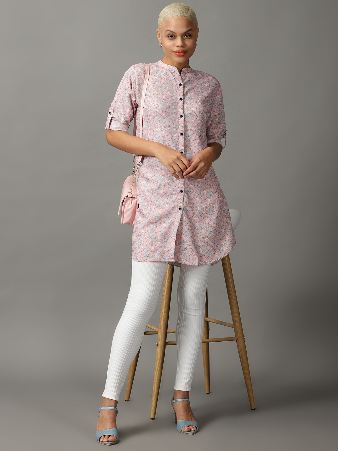 Showoff | SHOWOFF Women Pink Printed Mandarin Collar Three-Quarter Sleeves Long Casual Shirt 4