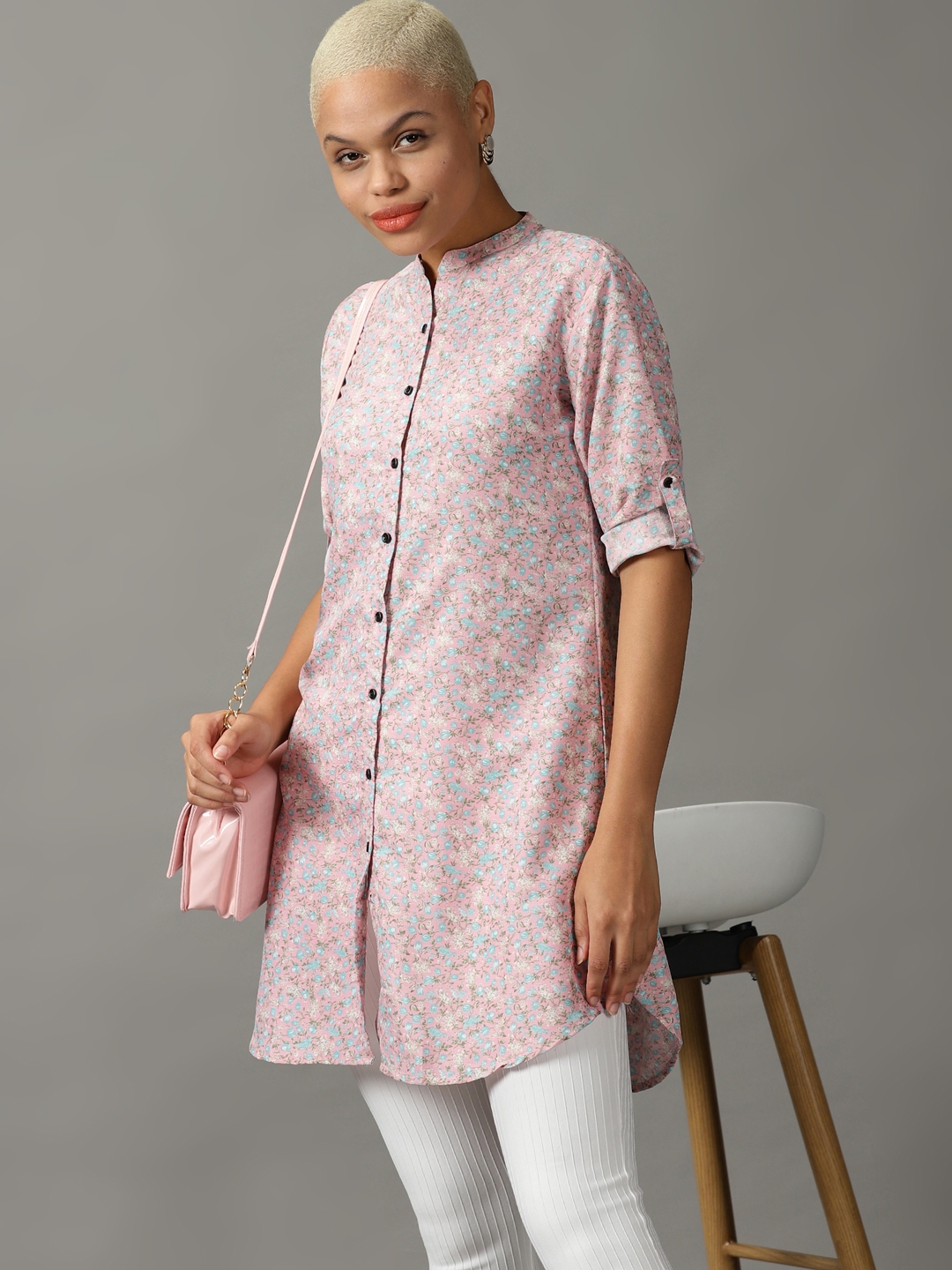 Showoff | SHOWOFF Women Pink Printed Mandarin Collar Three-Quarter Sleeves Long Casual Shirt 0