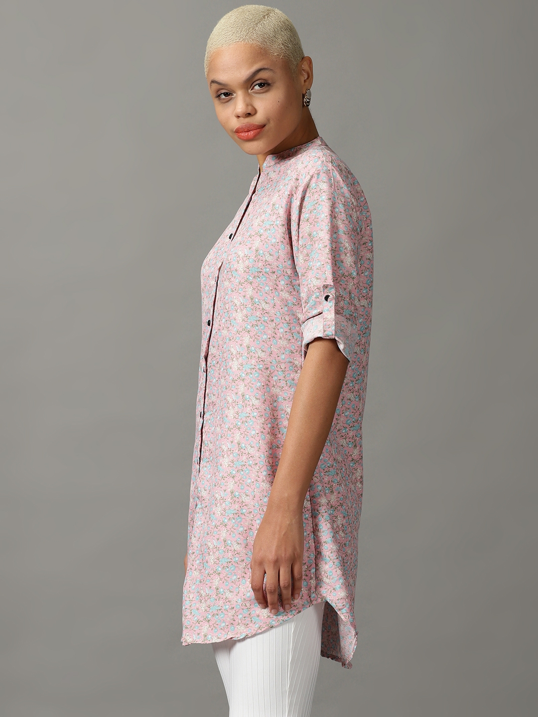 Showoff | SHOWOFF Women Pink Printed Mandarin Collar Three-Quarter Sleeves Long Casual Shirt 2