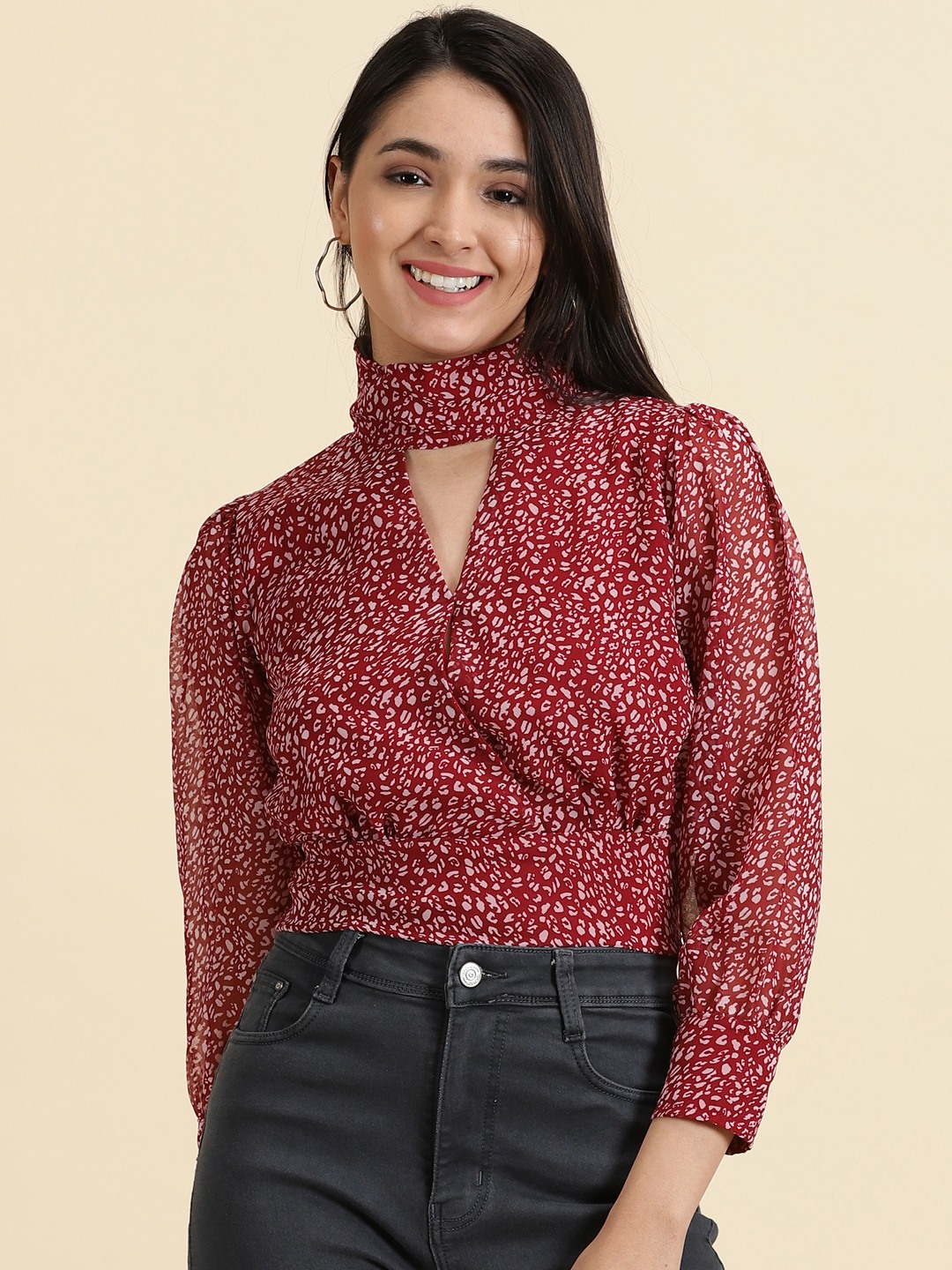 SHOWOFF Women's Printed Keyhole Neck Burgundy Cinched Waist Regular Top