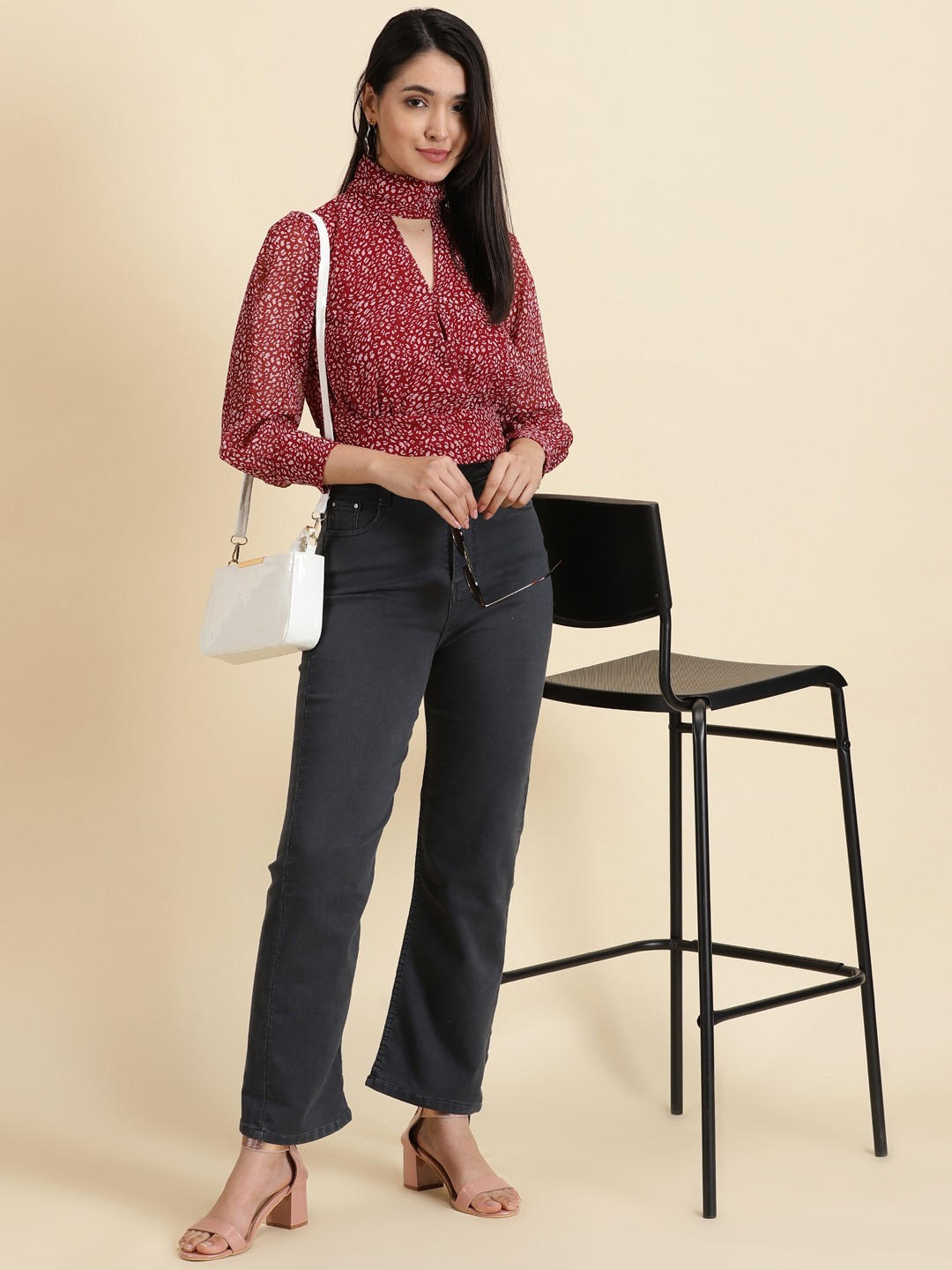 SHOWOFF Women's Printed Keyhole Neck Burgundy Cinched Waist Regular Top