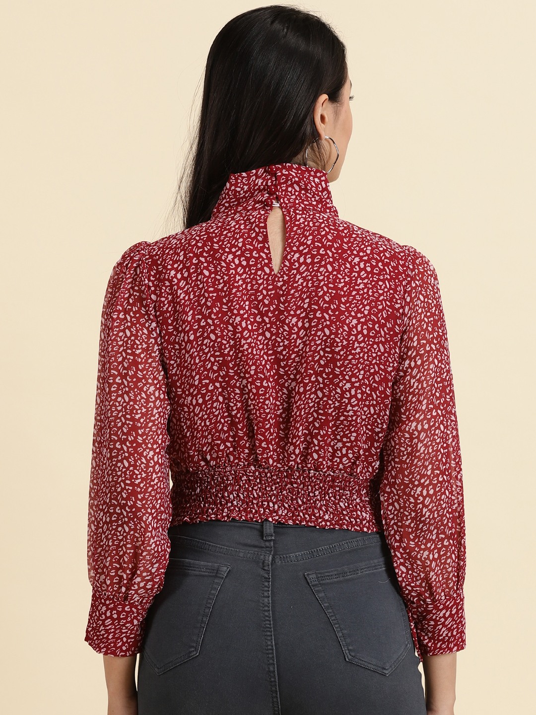 SHOWOFF Women's Printed Keyhole Neck Burgundy Cinched Waist Regular Top
