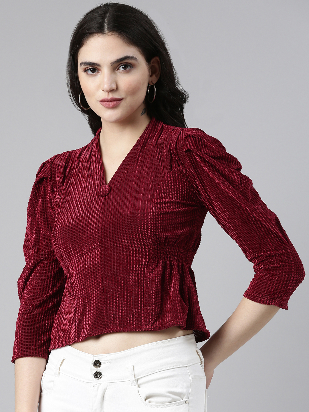 SHOWOFF Women's V-Neck Self Design Burgundy Regular Top