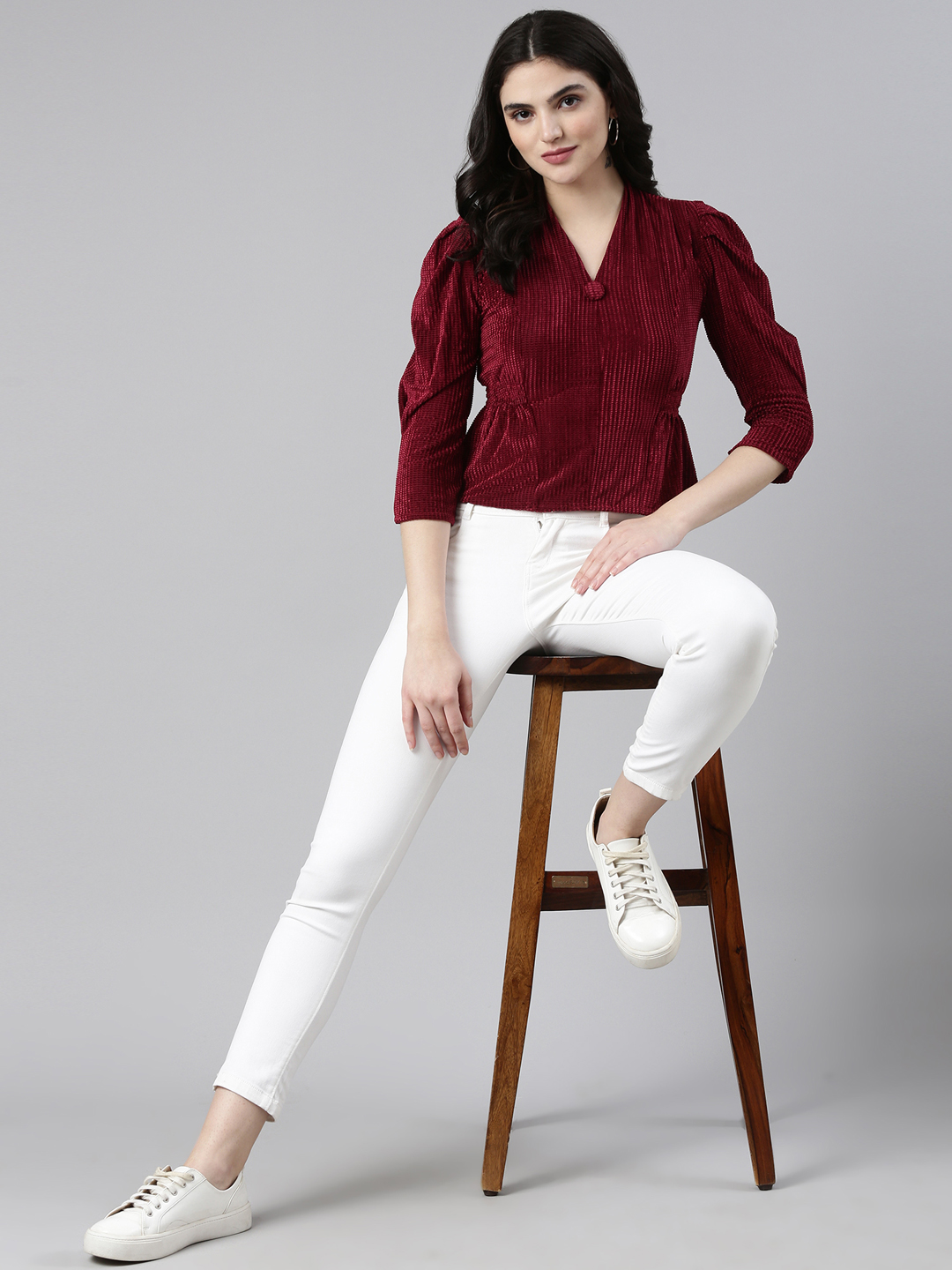 SHOWOFF Women's V-Neck Self Design Burgundy Regular Top