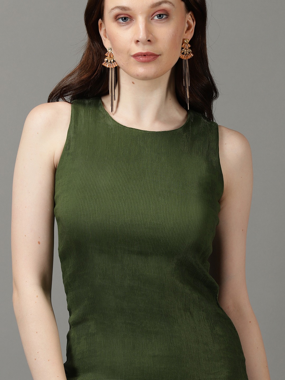 SHOWOFF Women's Round Neck Solid Above Knee Olive Dress