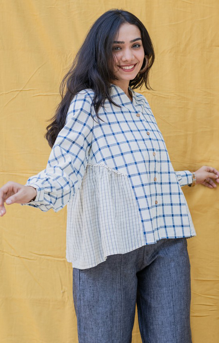 Women's White and Blue Cotton Checked Casual Shirt