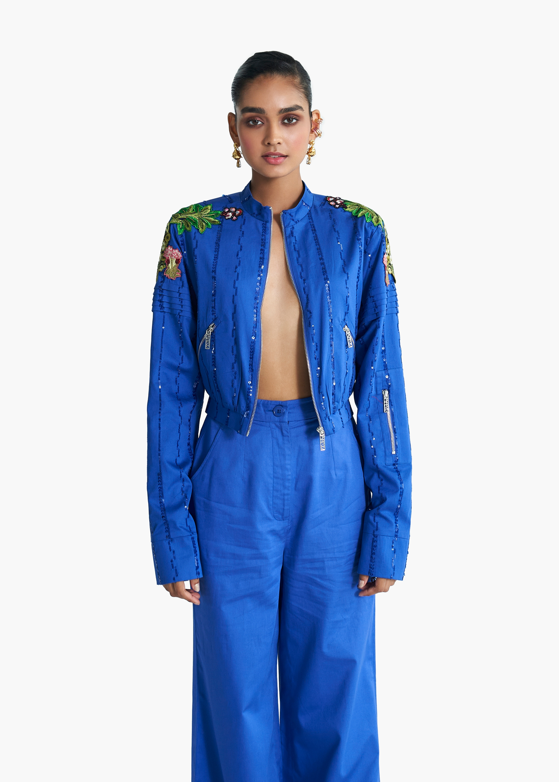 Women's Blue Egyptian giza cotton  Jungle embroidered  cropped Biker jacket