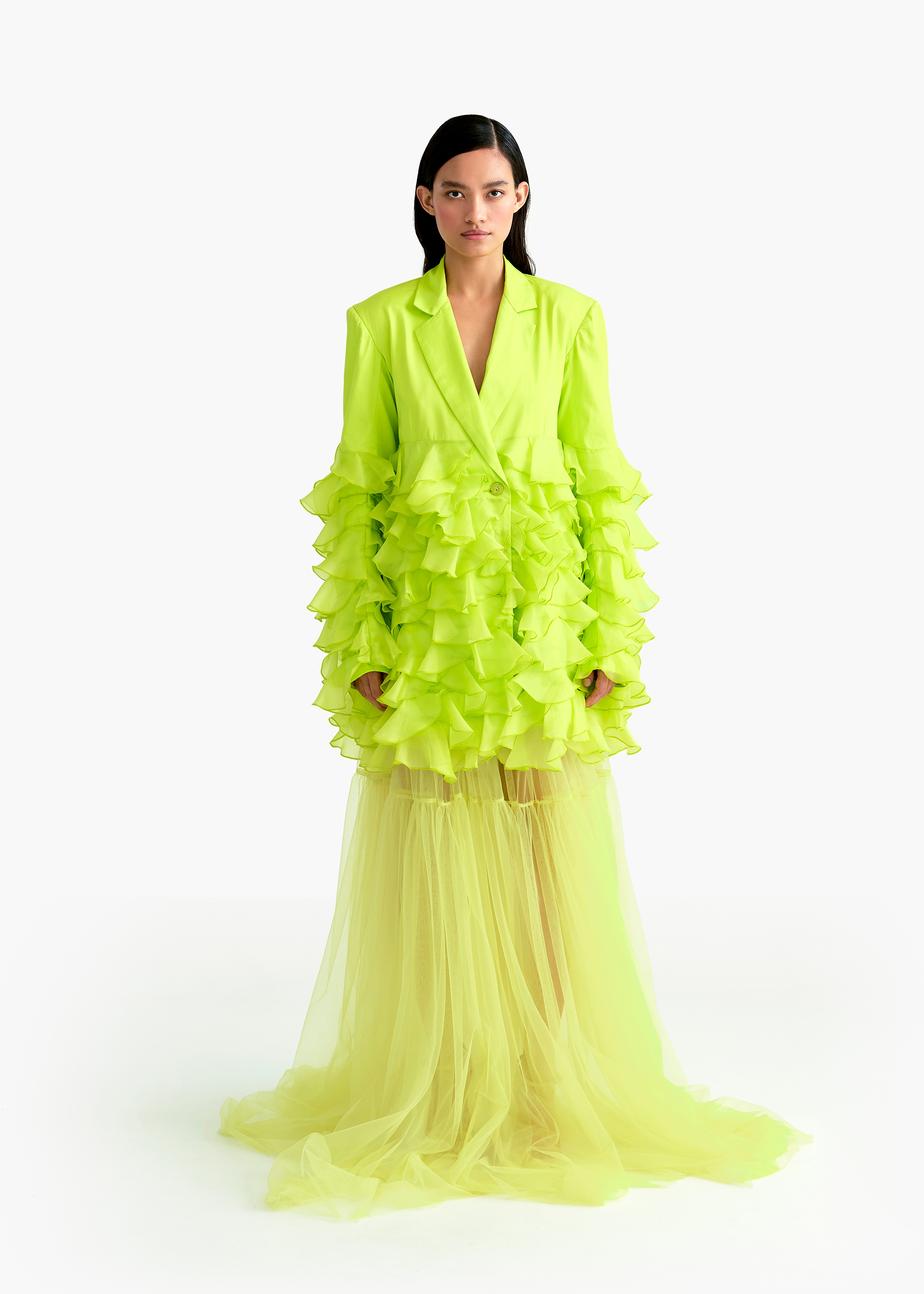 Women's Lime Cotton with silk satin organza Ruffled double breasted Jacket