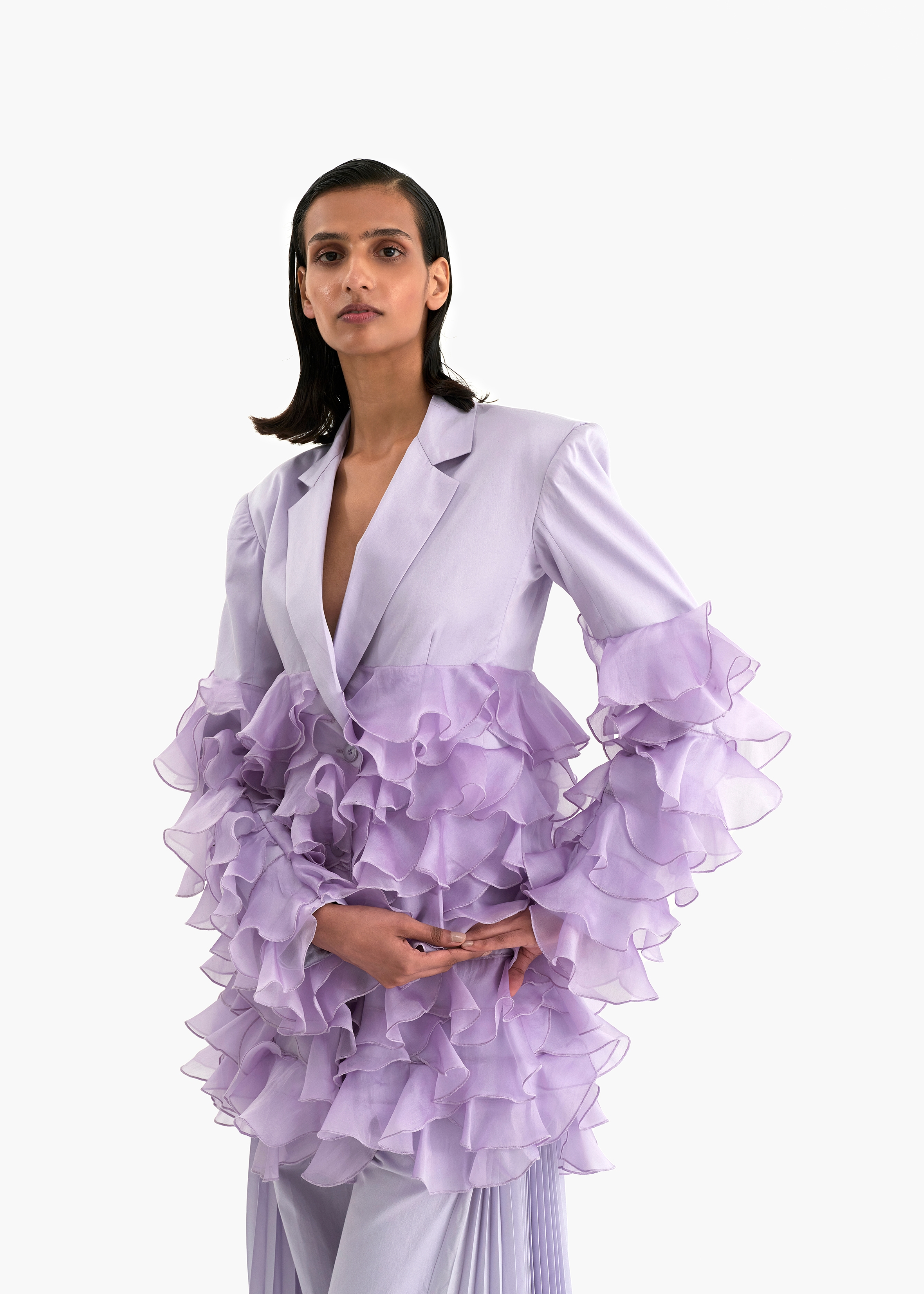 Women's cotton with silk satin organza ruffled double breasted Jacket