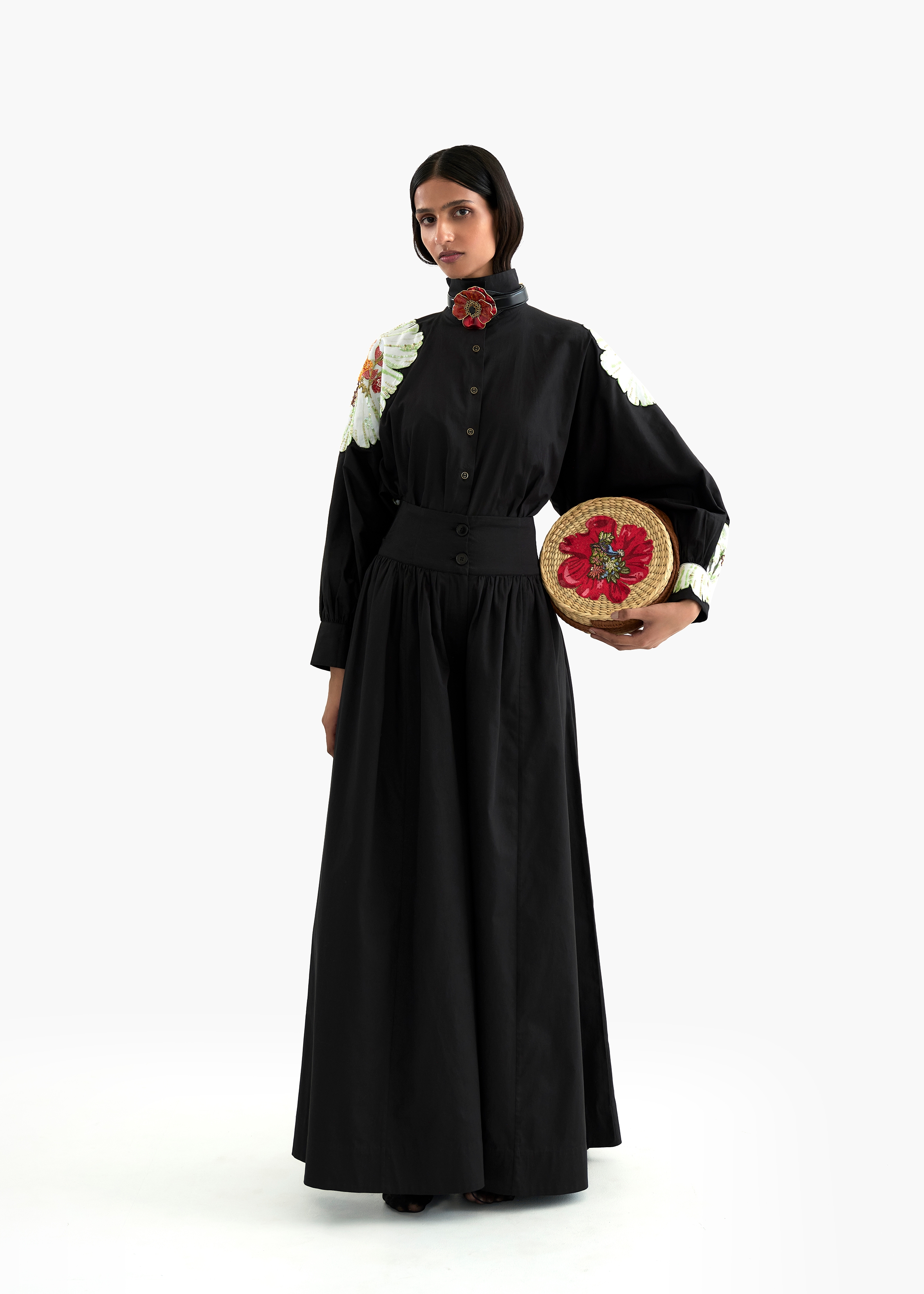 Women's Black Egyptian Giza cotton Carnation Patched Kimono shirt