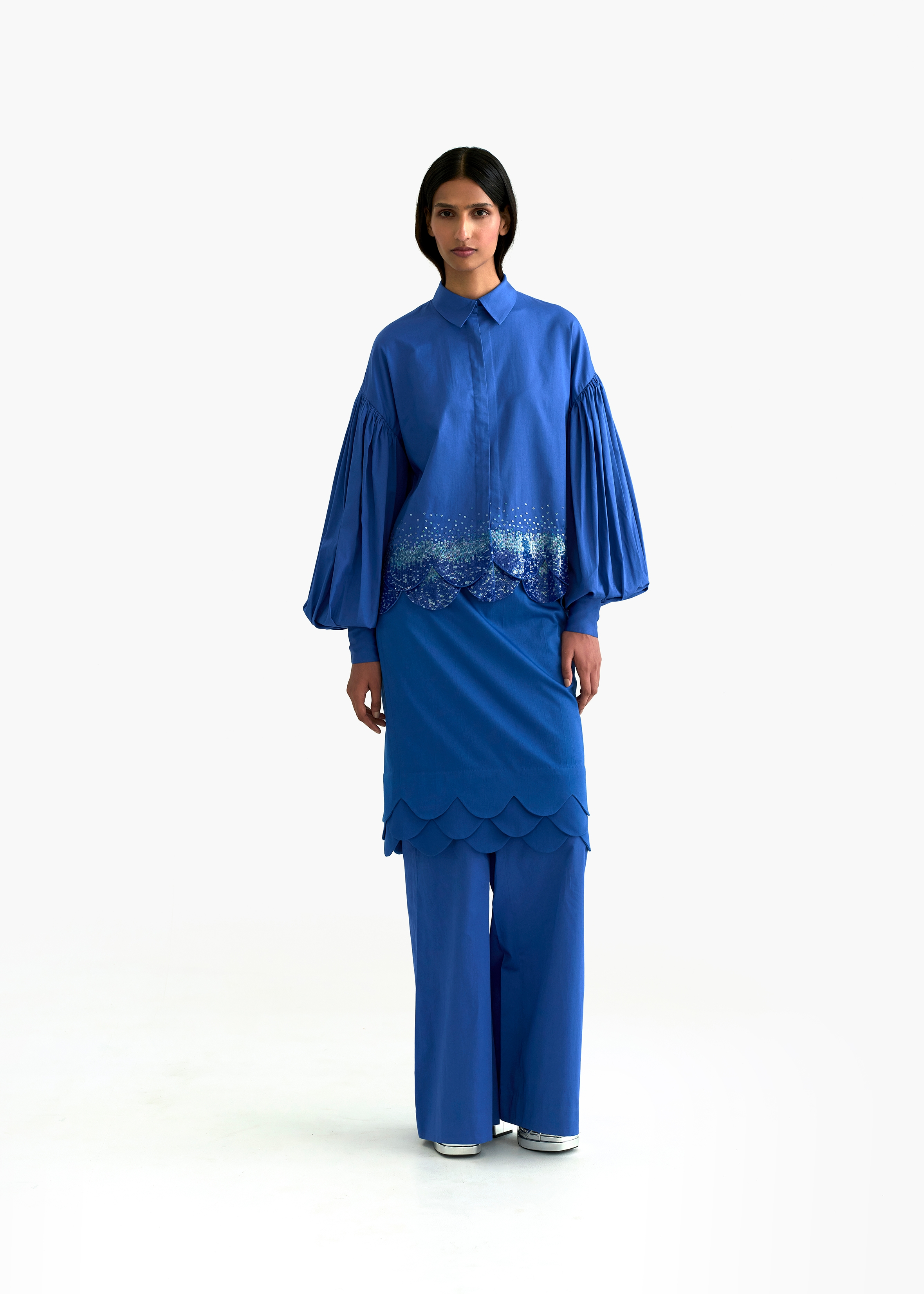 Women's Blue Egyptian giza cotton scalloped Embroidered Drop shoulder shirt