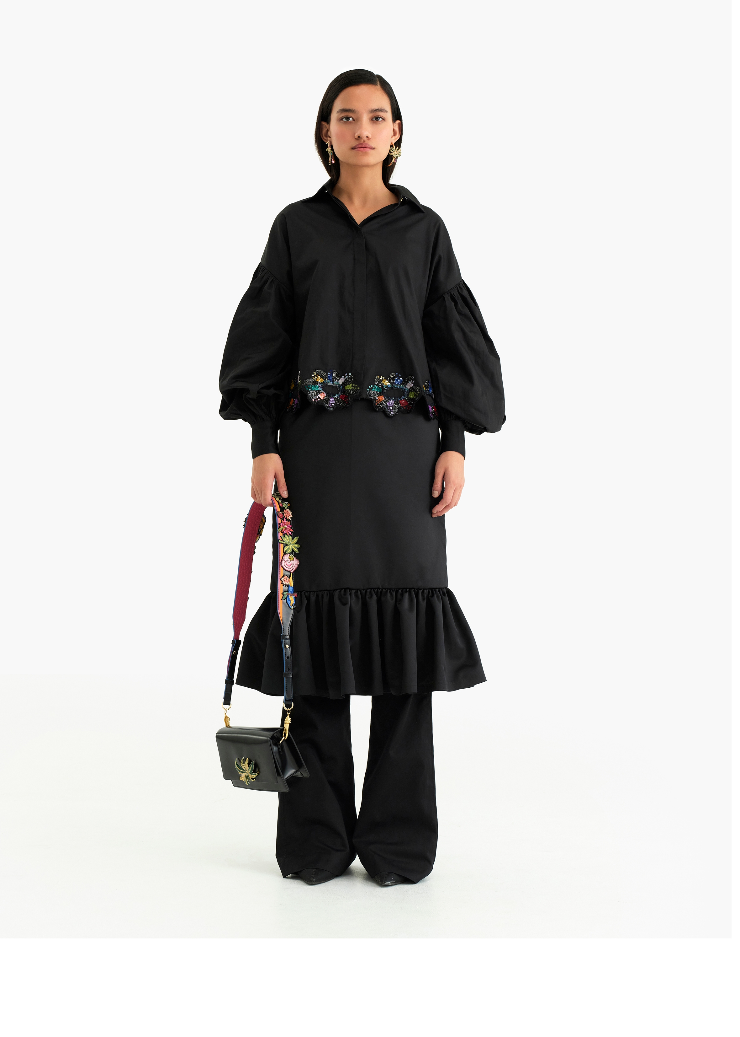 Women's Black Egyptian giza cotton scalloped technicolor Embroidered Drop shoulder shirt