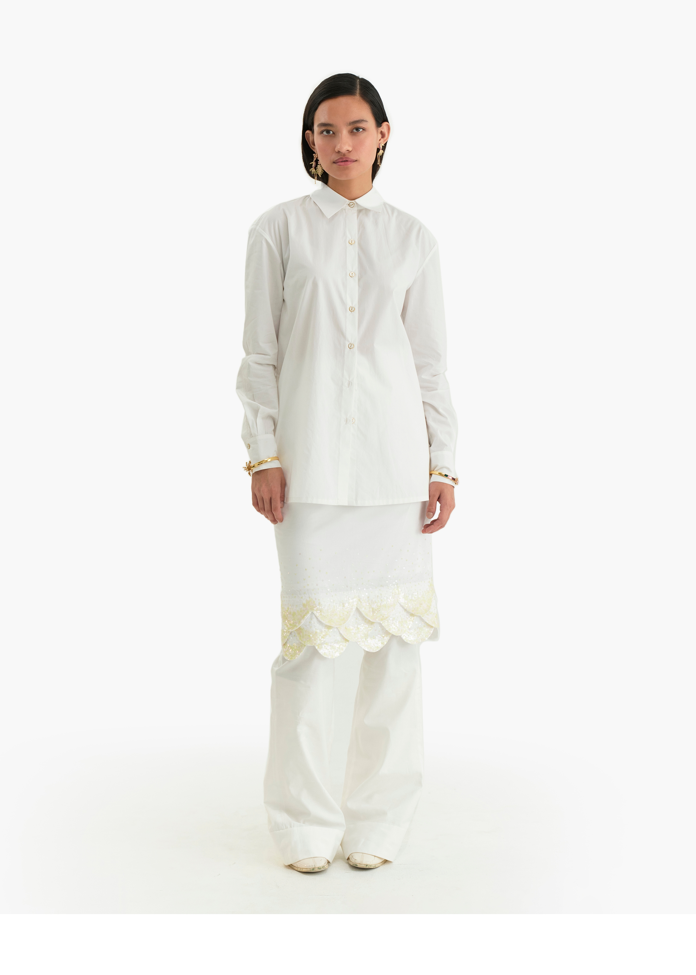 Women's White cotton Poplin scalloped Embroidered shirt