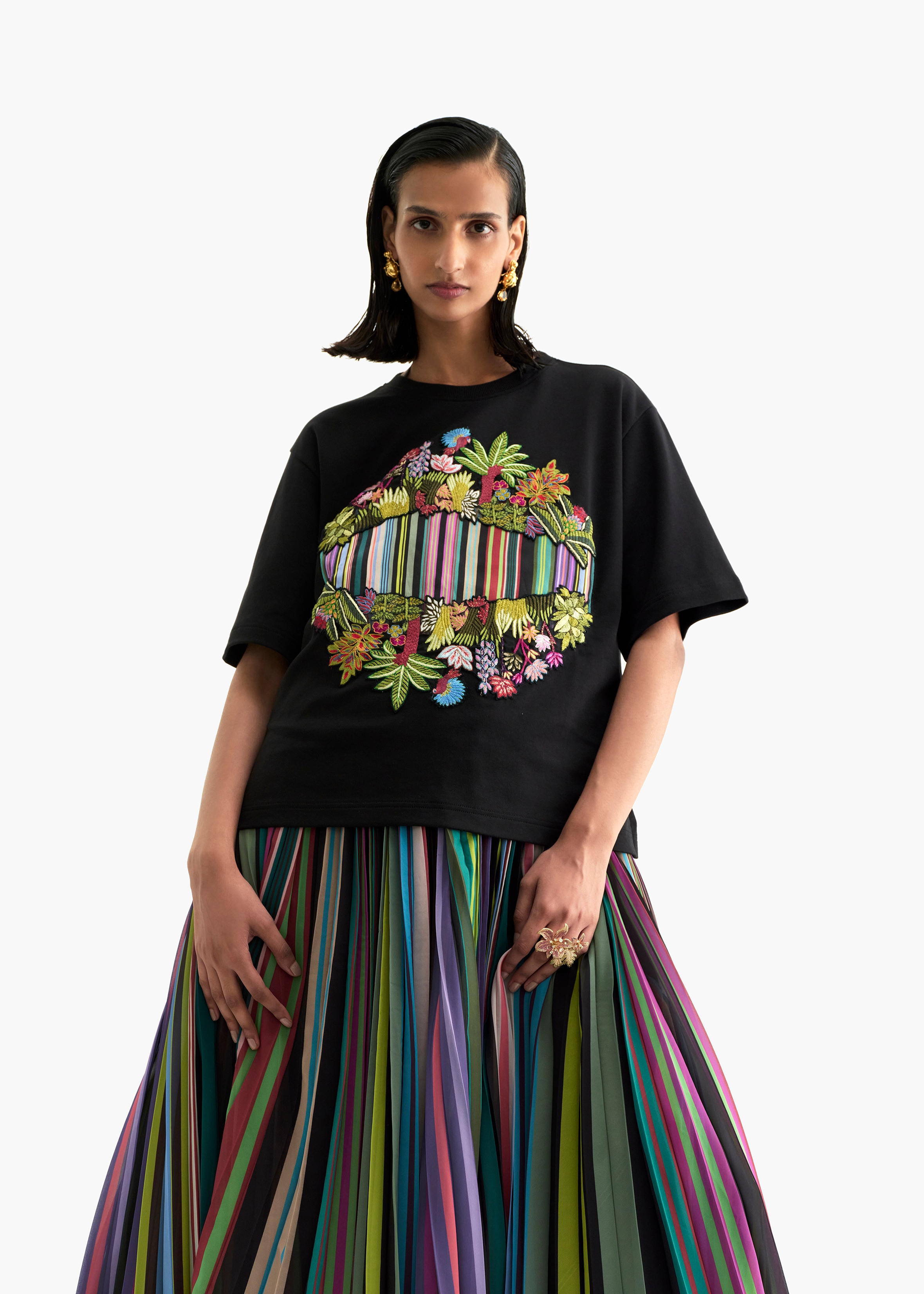 Women's Black Cotton Supima stripe embroidered Casual T-Shirt