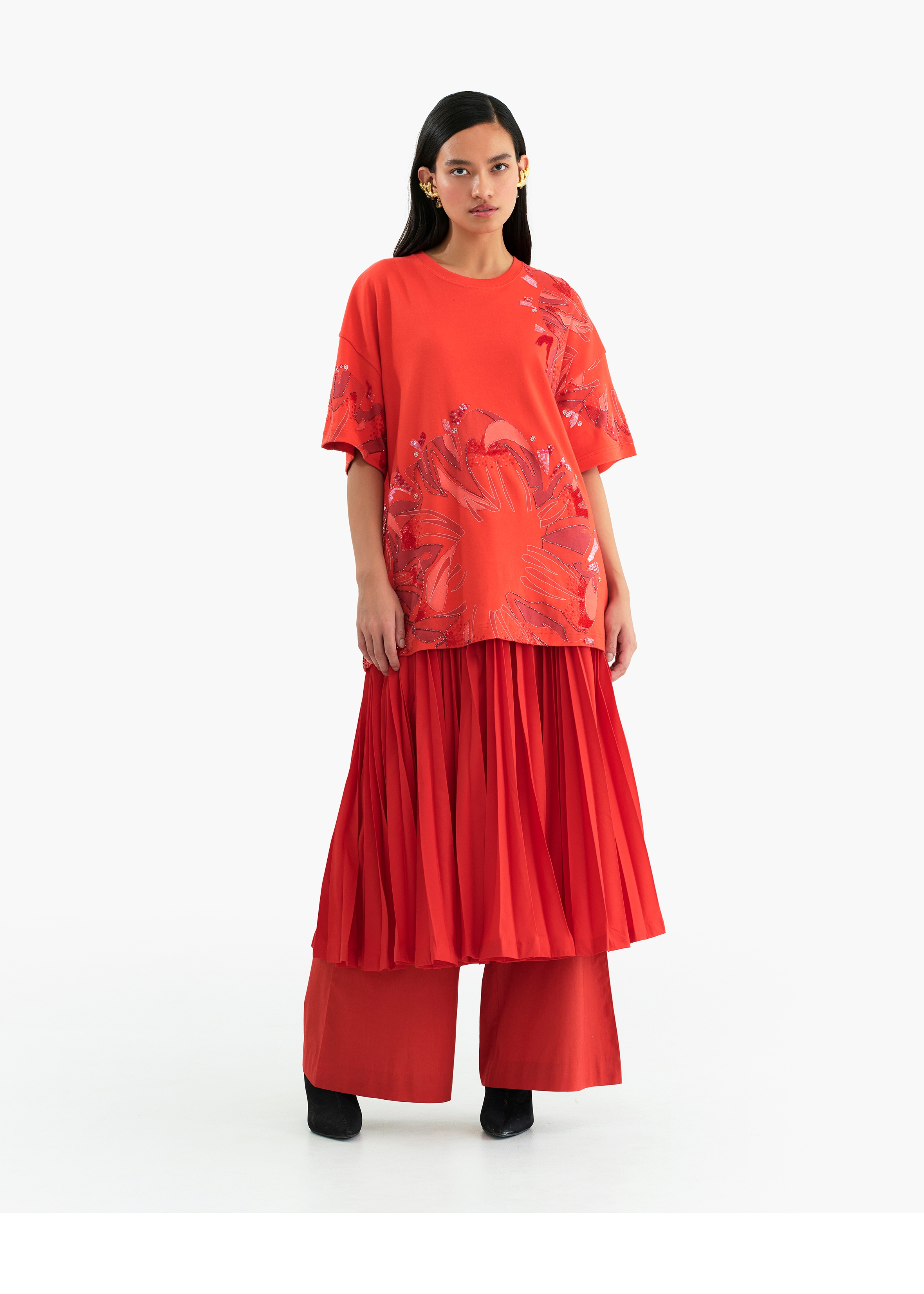 Women's Poppy red Cotton Supima Hibiscus embroidered Oversized T-Shirt