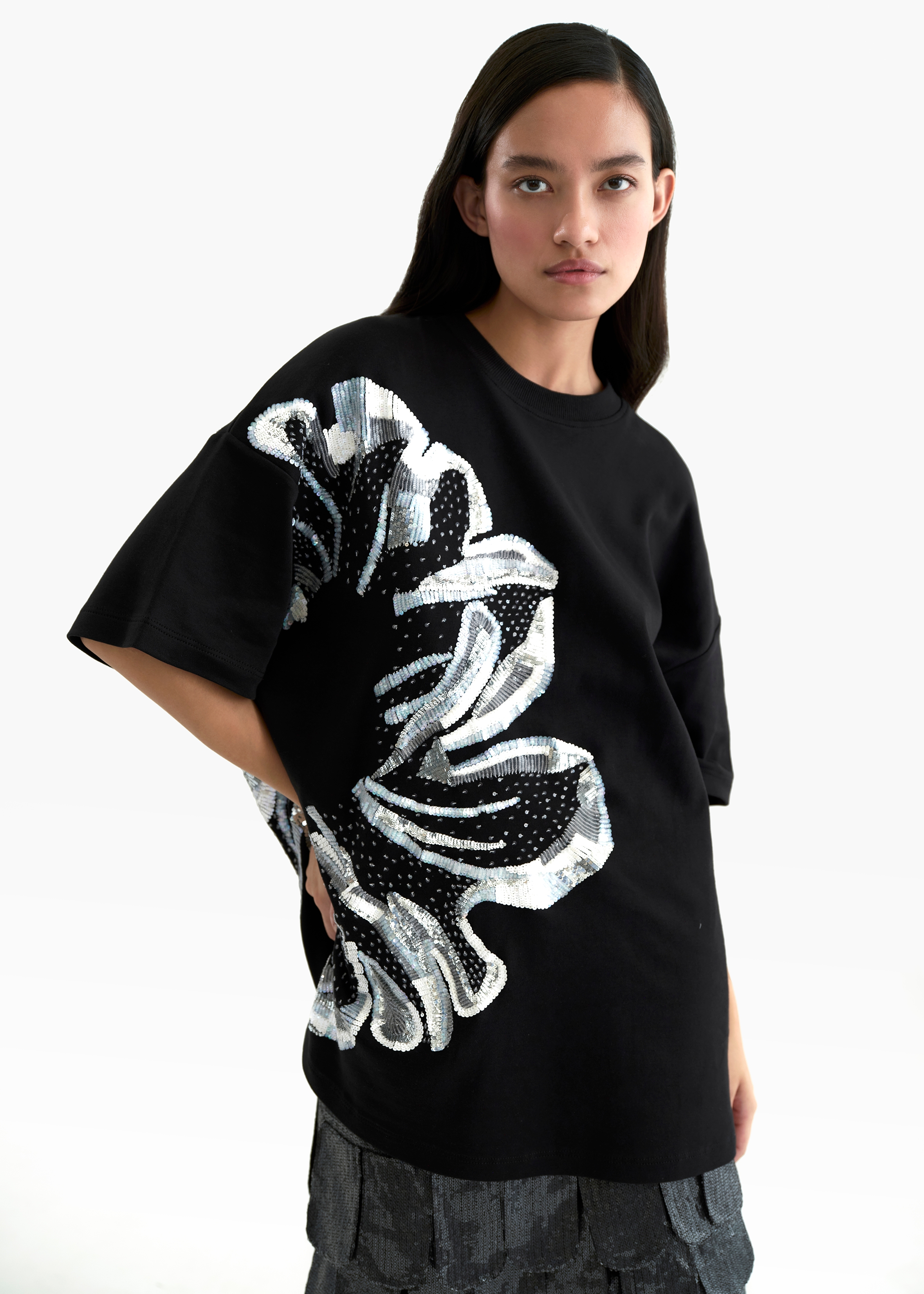 Women's Black Cotton Supima Hibiscus embroidered Oversized T-Shirt