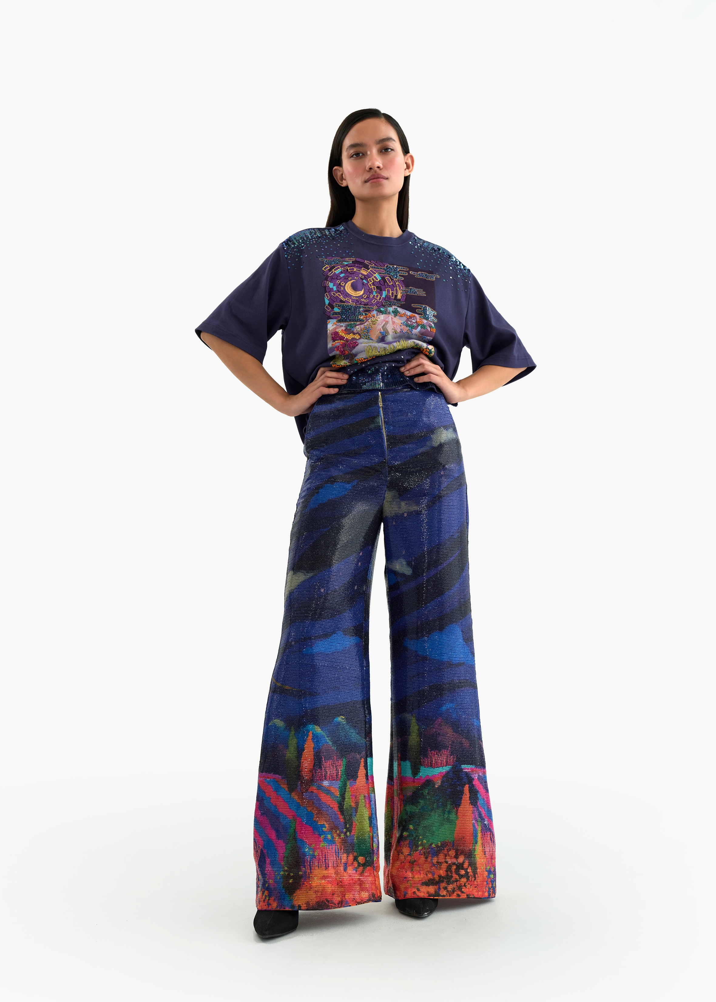 Sequin printed flared trousers