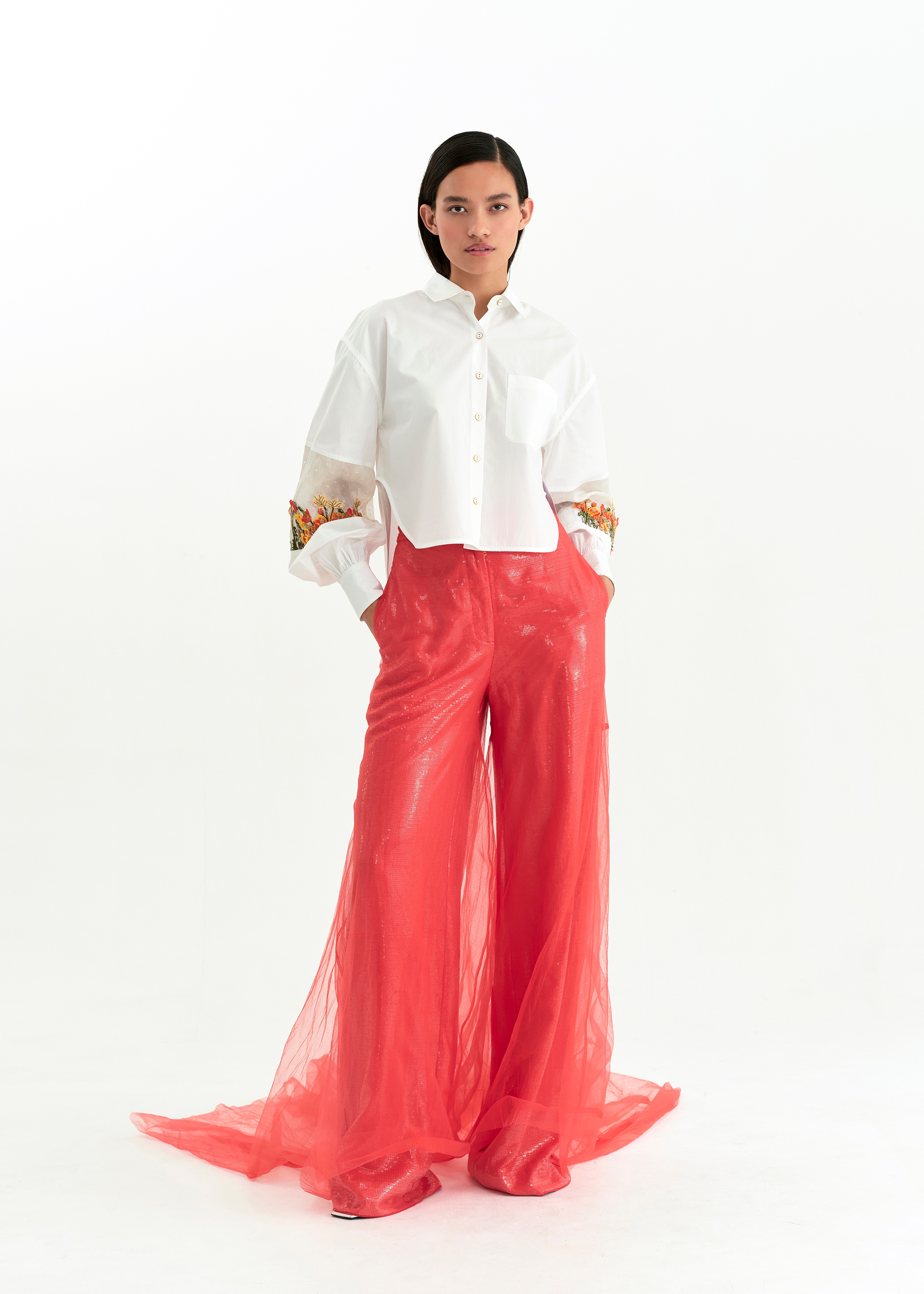 Sequin and tulle layered trouser