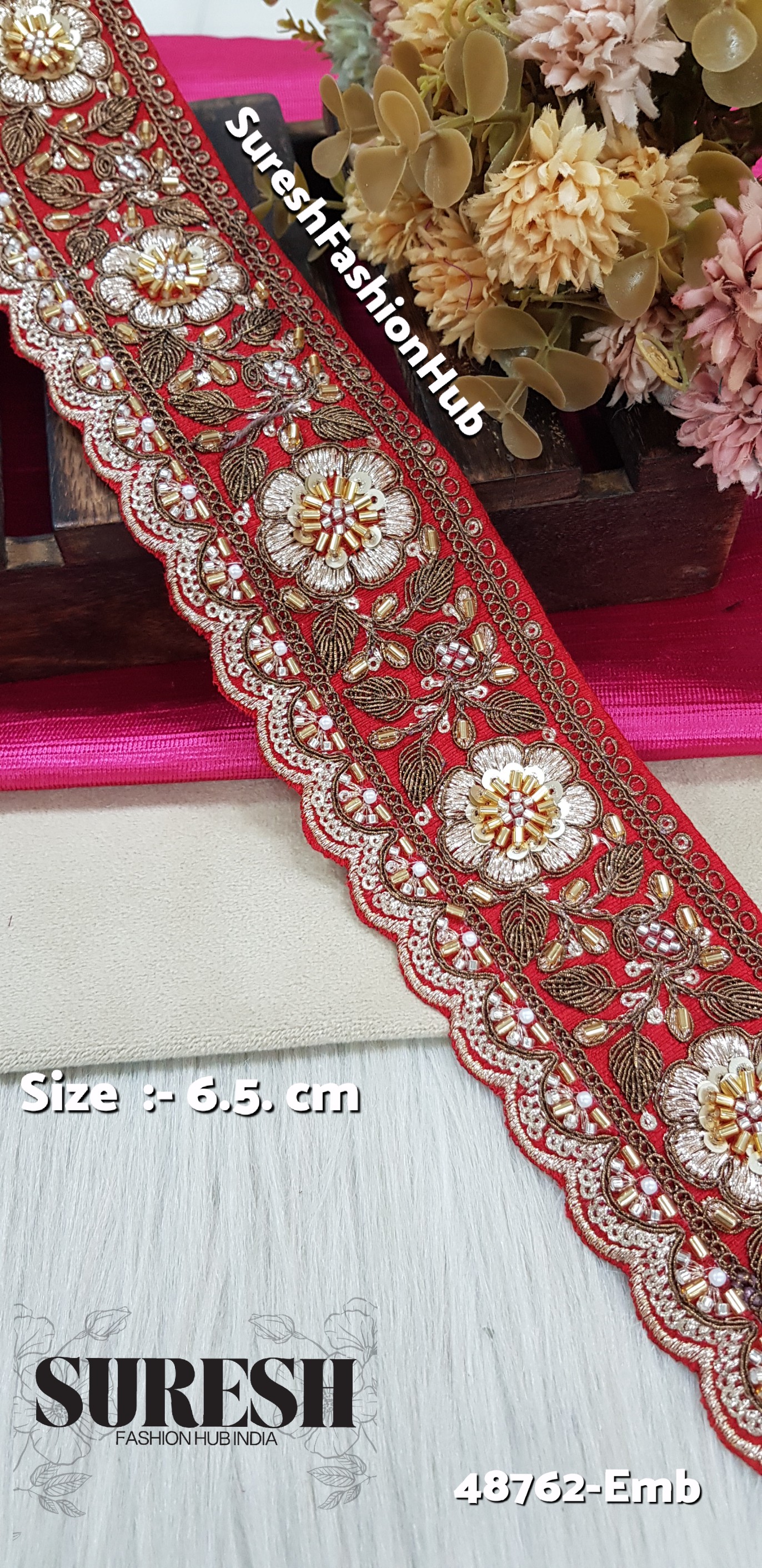 Red Bloomshine Machine Hand Embroidery Border – 48762-Emb