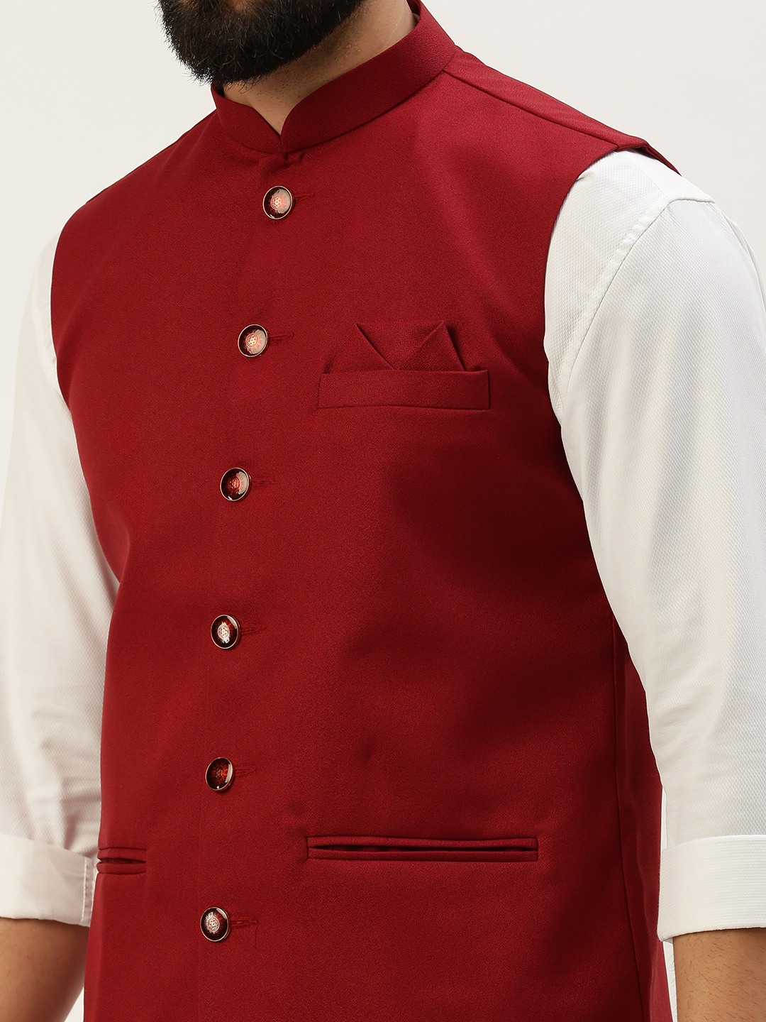 SHOWOFF Men's Solid Mandarin Collar Maroon Nehru Jacket
