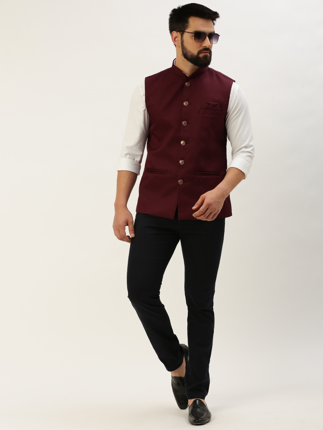 Showoff | SHOWOFF Men's Woven Design Mandarin Collar Burgundy Nehru Jacket 4