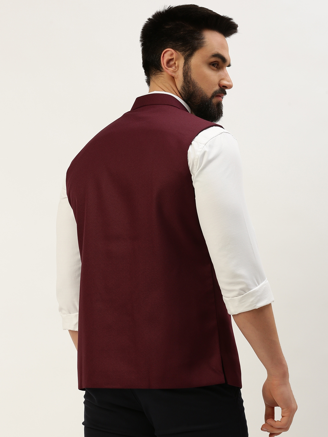 Showoff | SHOWOFF Men's Woven Design Mandarin Collar Burgundy Nehru Jacket 3