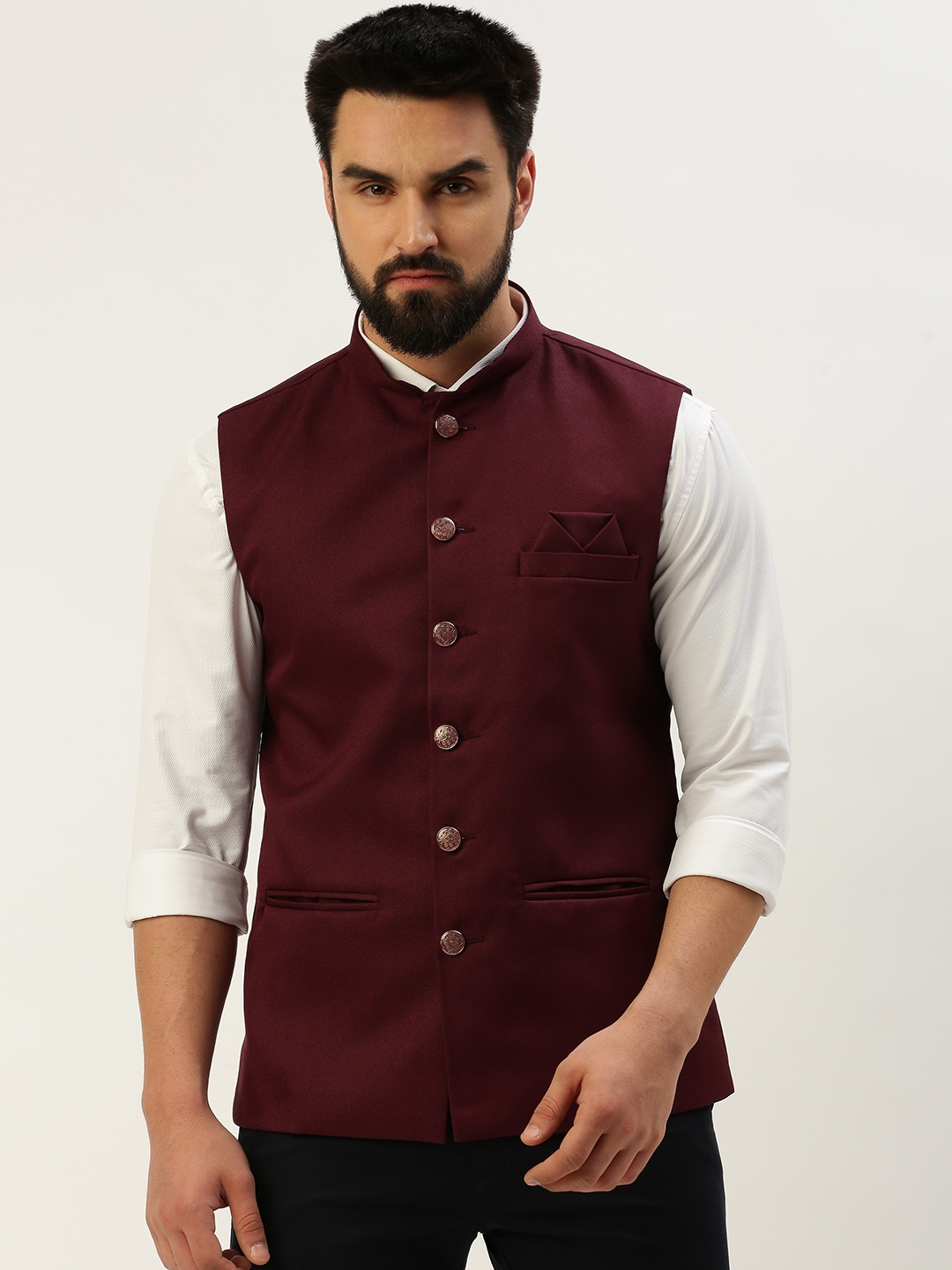 Showoff | SHOWOFF Men's Woven Design Mandarin Collar Burgundy Nehru Jacket 1