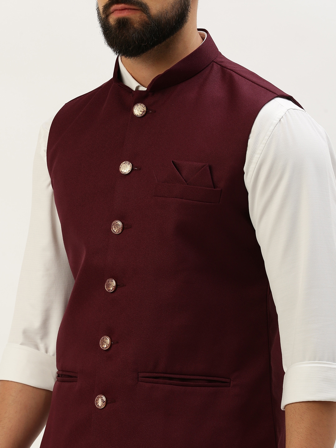 Showoff | SHOWOFF Men's Woven Design Mandarin Collar Burgundy Nehru Jacket 5